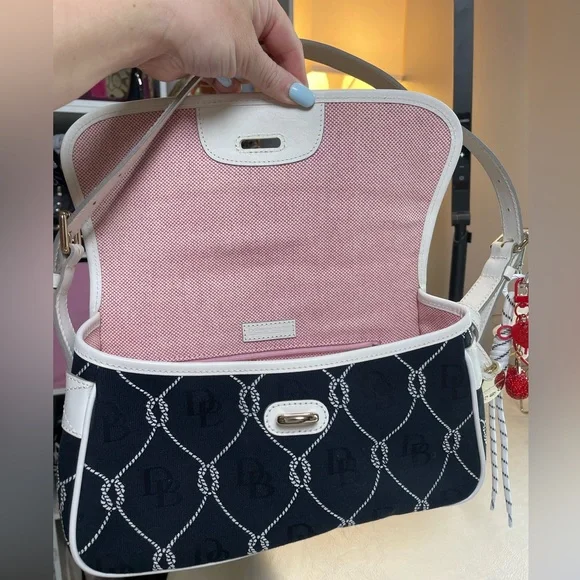 Dooney & Bourke Nautical Rope Navy Canvas & White Leather Monogram Shoulder Bag